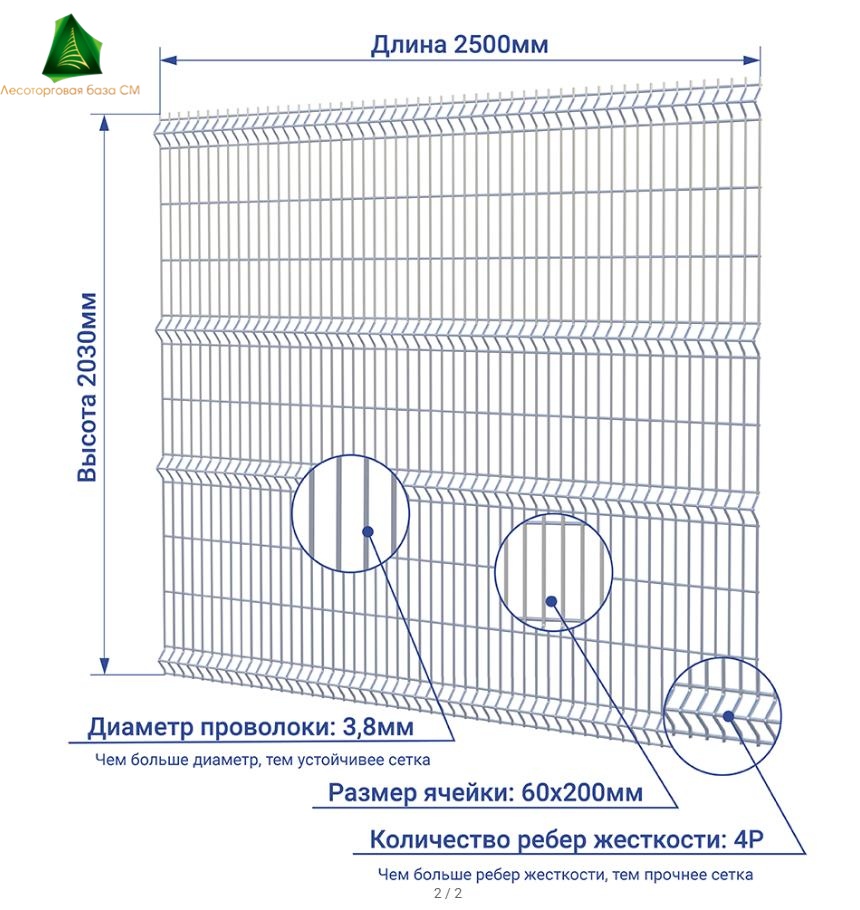 Сетка заборная 3Д ОЦ 2,03*2,5м 60*200мм / 3,8мм / 4Р