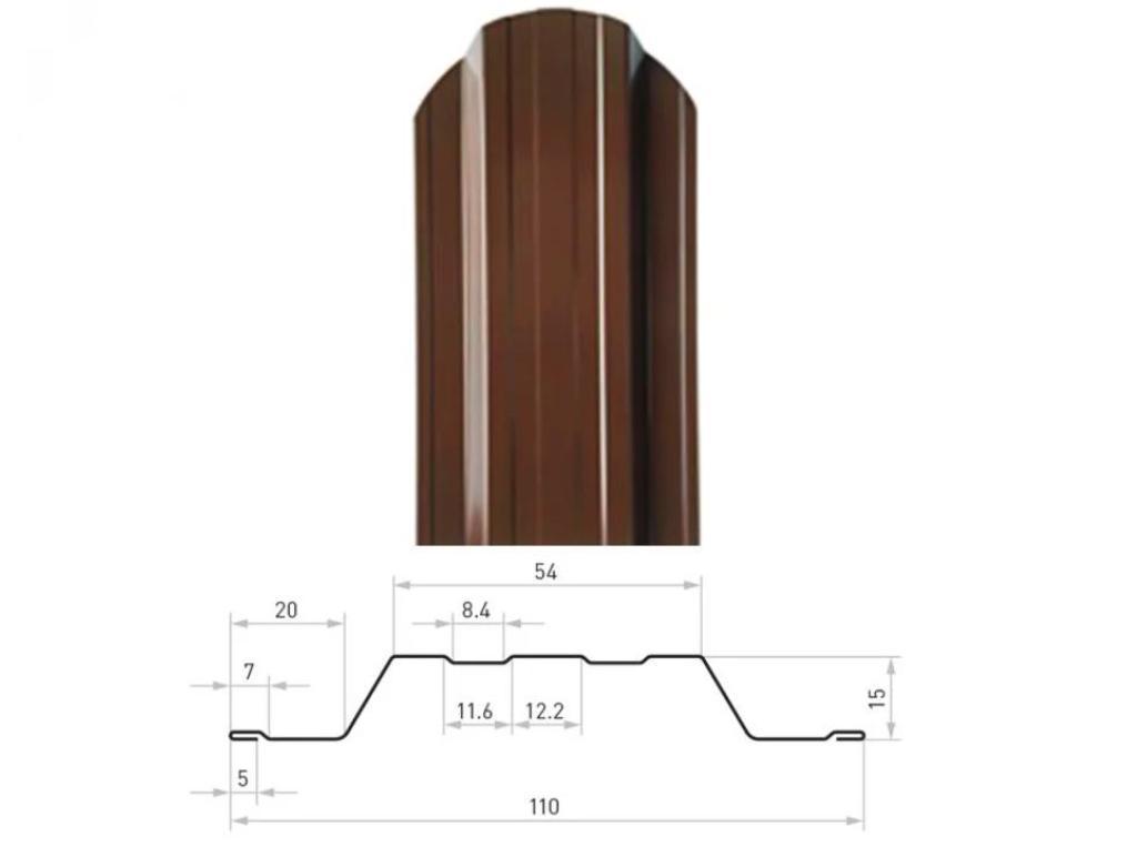 Штакетник двухсторонний металл. П-обр. фигурный, PE RAL 8017 (шоколад),0.4 мм,ш 110мм, дл.2 м